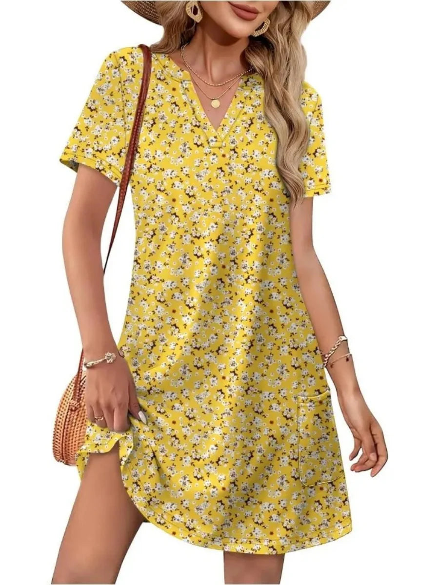 Women's Casual V Neck Vacation Midi Dress With Pockets