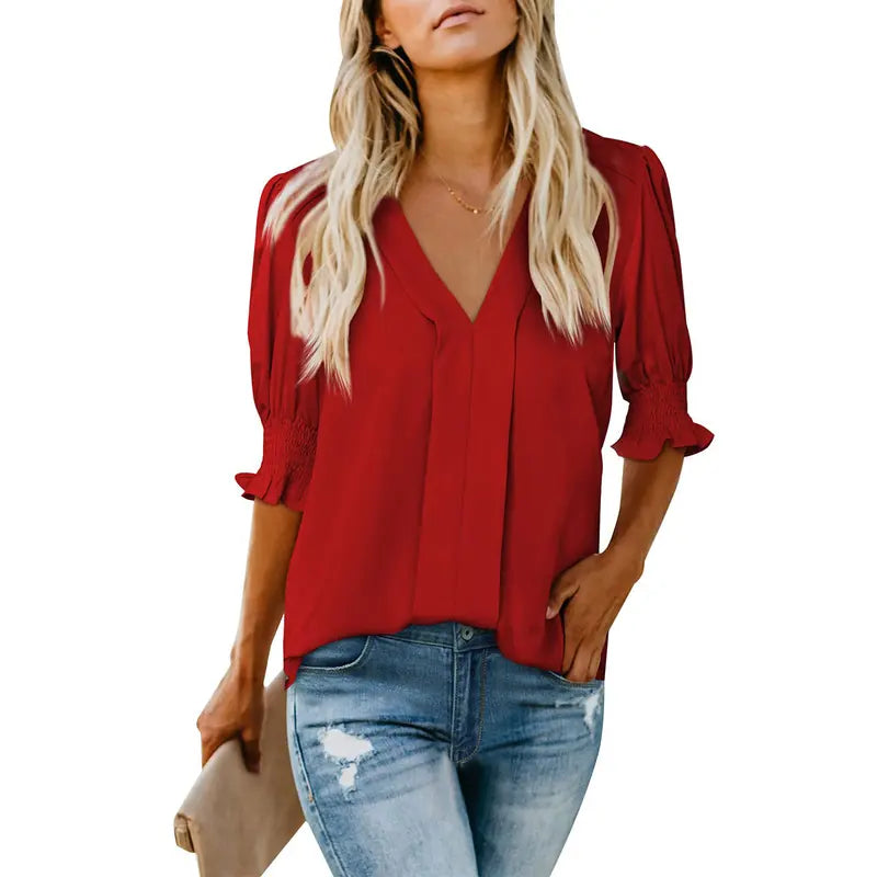 Women's V-Neck Ruffle Short Sleeve Blouse