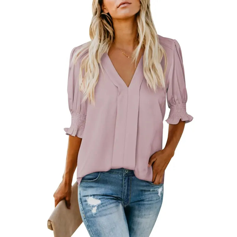 Women's V-Neck Ruffle Short Sleeve Blouse