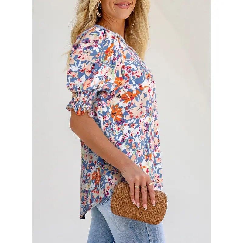 Women's V-Neck Ruffle Short Sleeve Blouse