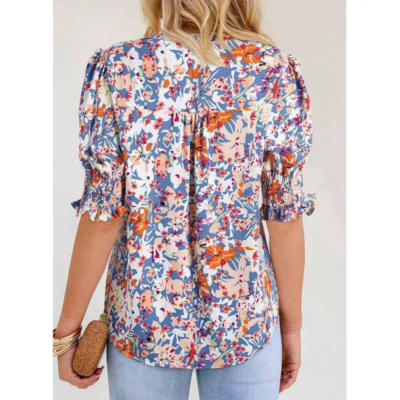 Women's V-Neck Ruffle Short Sleeve Blouse