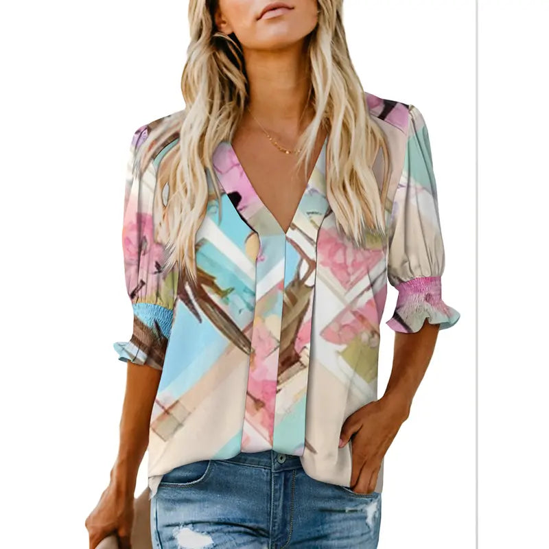 Women's V-Neck Ruffle Short Sleeve Blouse