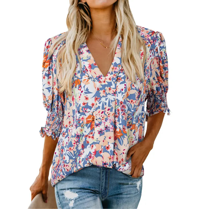Women's V-Neck Ruffle Short Sleeve Blouse