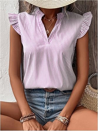 Floerns Women's Striped Cap Sleeve Top - Effortless V-Neck Style for a Polished Look