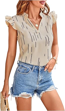 Floerns Women's Striped Cap Sleeve Top - Effortless V-Neck Style for a Polished Look