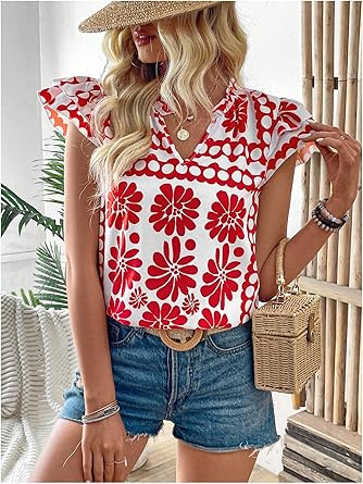 Floerns Women's Striped Cap Sleeve Top - Effortless V-Neck Style for a Polished Look
