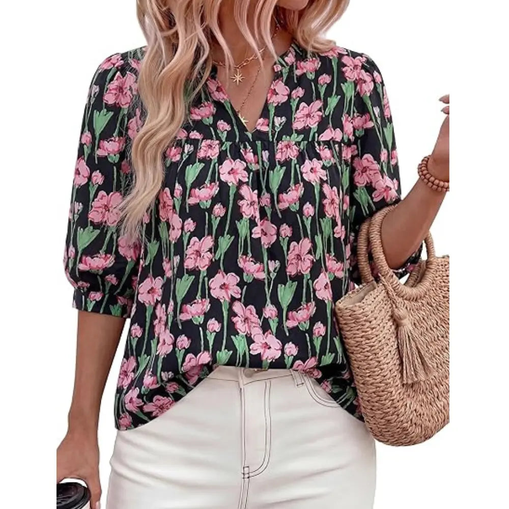 Women's Summer Floral Blouses Dressy Casual Half Sleeve V Neck Going Out Boho Tops Spring Fashion Clothing