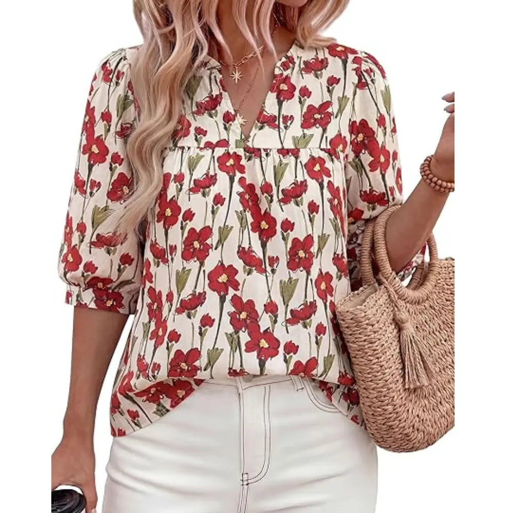Women's Summer Floral Blouses Dressy Casual Half Sleeve V Neck Going Out Boho Tops Spring Fashion Clothing