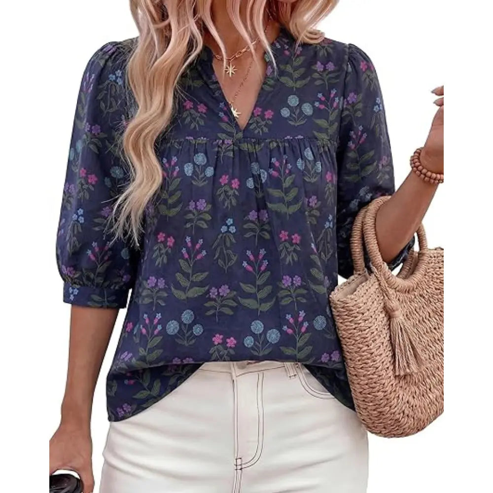 Women's Summer Floral Blouses Dressy Casual Half Sleeve V Neck Going Out Boho Tops Spring Fashion Clothing