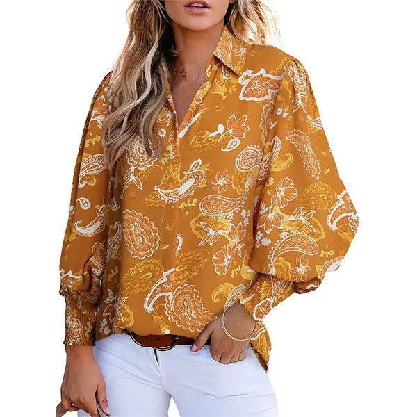 Casual Women Vintage Paisley Floral Print Lantern Long Sleeve Blouse