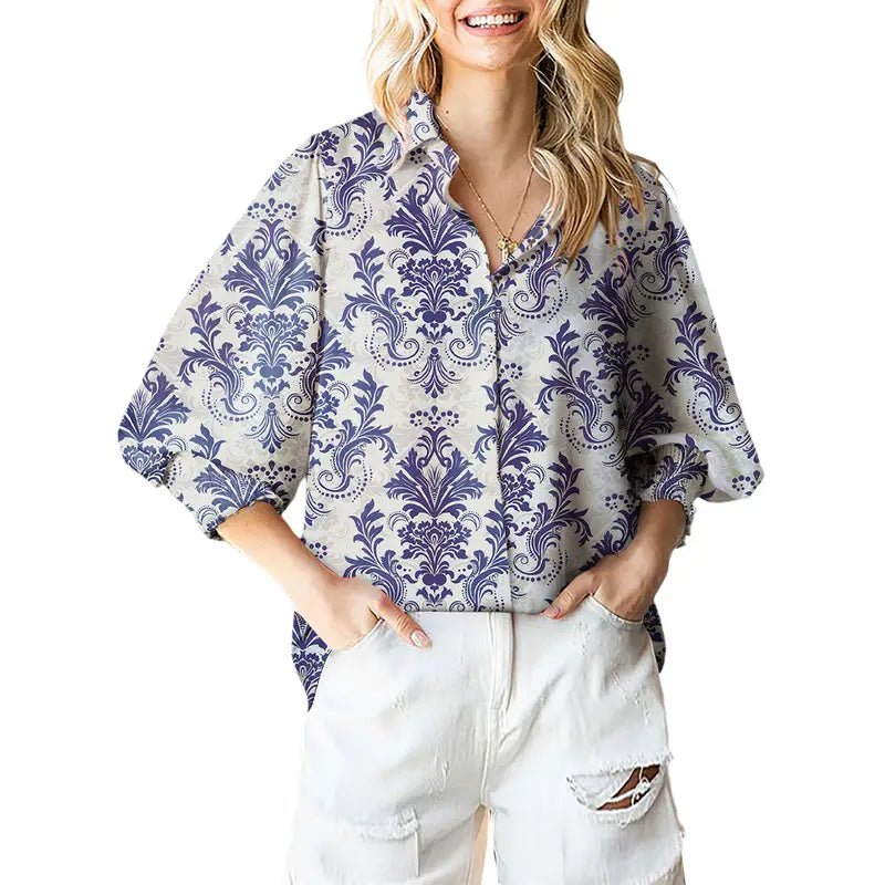 Casual Women Vintage Paisley Floral Print Lantern Long Sleeve Blouse