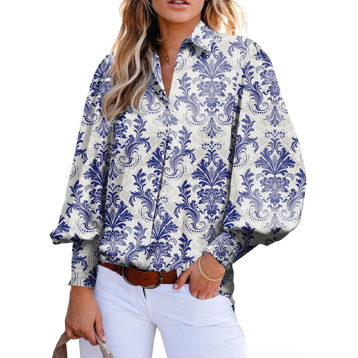 Casual Women Vintage Paisley Floral Print Lantern Long Sleeve Blouse