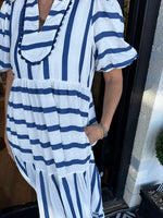 Women's V-Neck Striped Patchwork Maxi Dress with Pockets