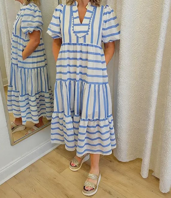 Women's V-Neck Striped Patchwork Maxi Dress with Pockets