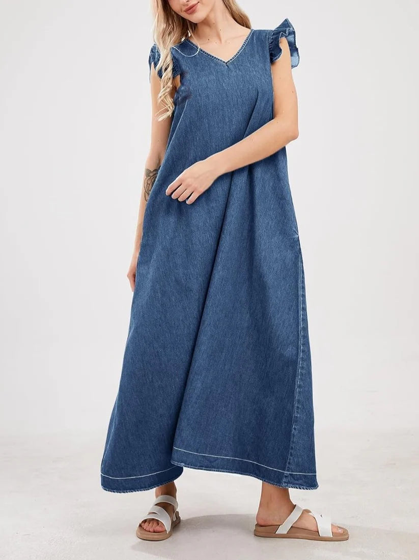 Women's Denim Flutter Sleeve V-Neck Casual Maxi Dress