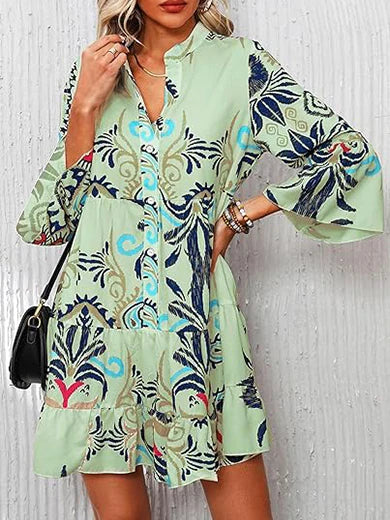 Boho Babydoll Dress with 3/4 Ruffle Print Sleeves