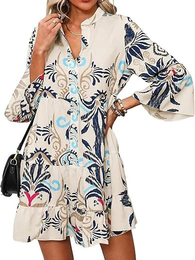 Boho Babydoll Dress with 3/4 Ruffle Print Sleeves