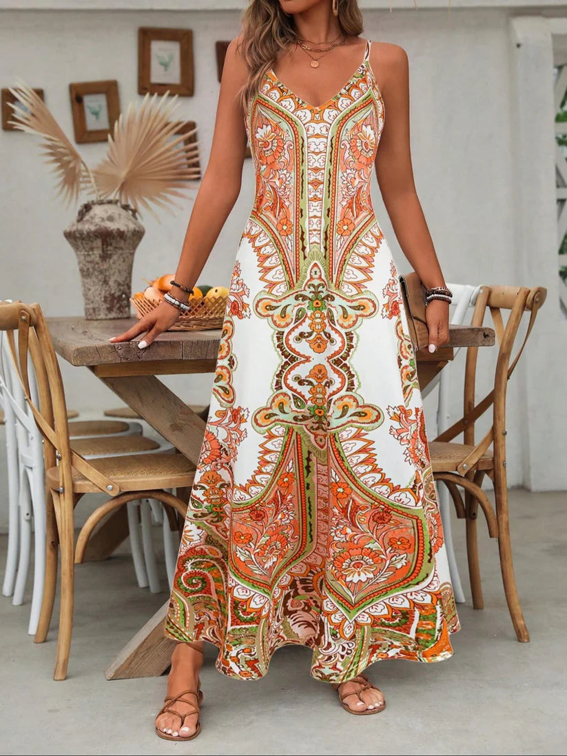 Retro Floral Printed Spaghetti Strap Maxi Dress
