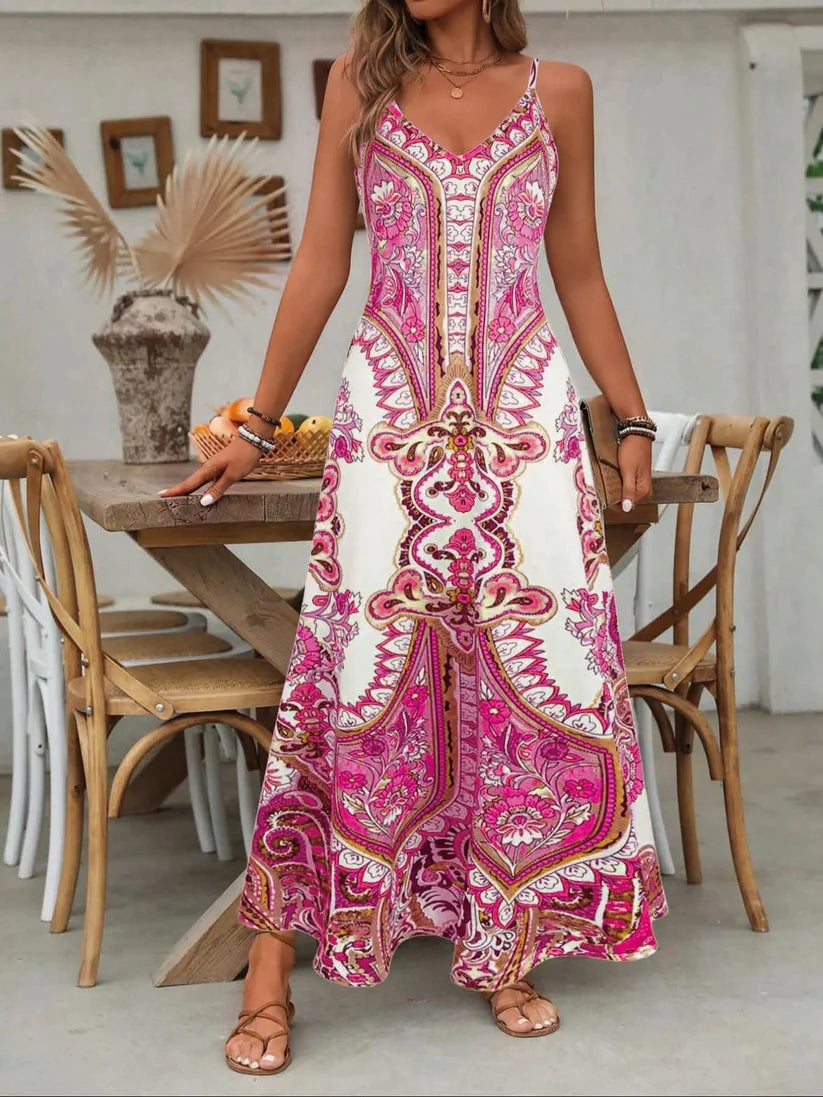Retro Floral Printed Spaghetti Strap Maxi Dress