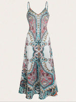 Retro Floral Printed Spaghetti Strap Maxi Dress
