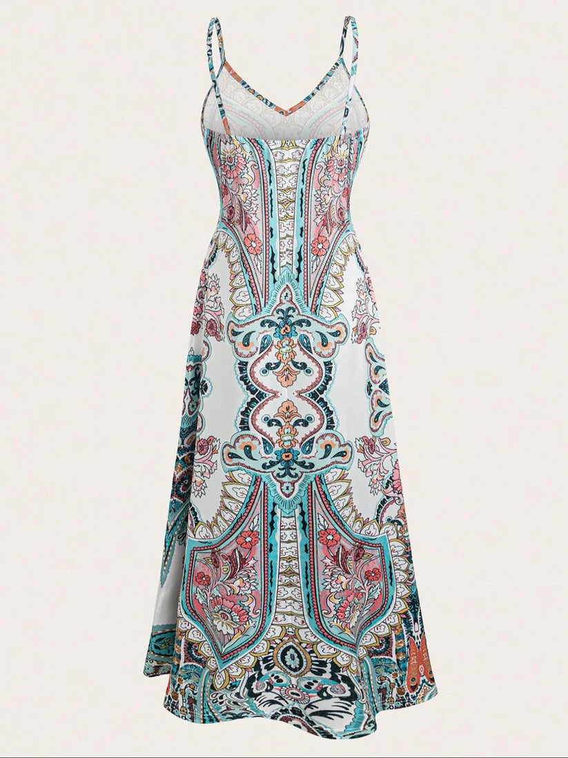 Retro Floral Printed Spaghetti Strap Maxi Dress