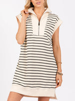 Women's Casual Striped Knit Cap Sleeve Half-Zip Dress
