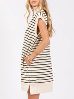 Women's Casual Striped Knit Cap Sleeve Half-Zip Dress
