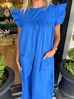 Women's Solid Color Flutter Sleeve Pocket Midi Shift Dress
