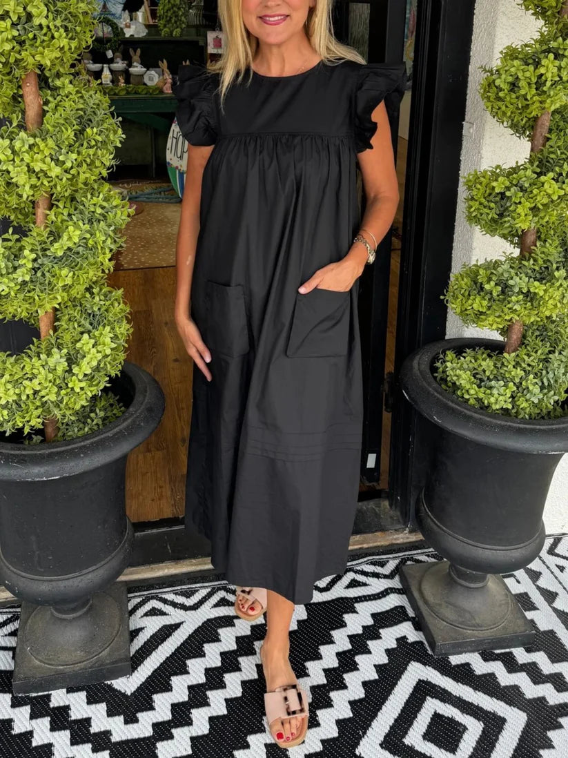 Women's Solid Color Flutter Sleeve Pocket Midi Shift Dress