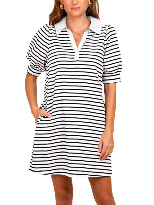 Women's Casual Striped Puff Polo T-shirt Dresses with Pockets