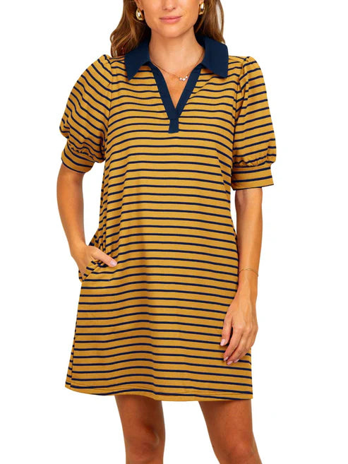 Women's Casual Striped Puff Polo T-shirt Dresses with Pockets