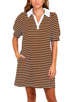 Women's Casual Striped Puff Polo T-shirt Dresses with Pockets