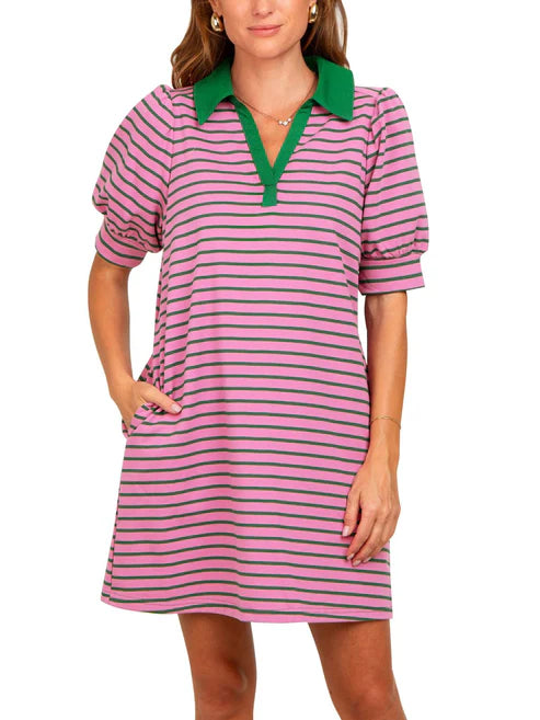 Women's Casual Striped Puff Polo T-shirt Dresses with Pockets
