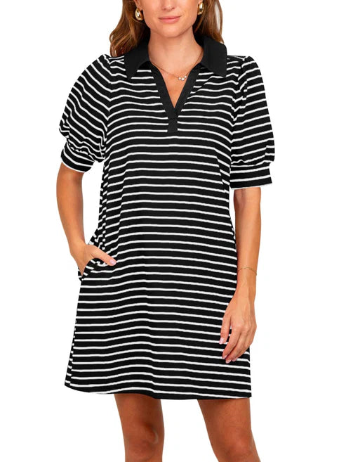 Women's Casual Striped Puff Polo T-shirt Dresses with Pockets