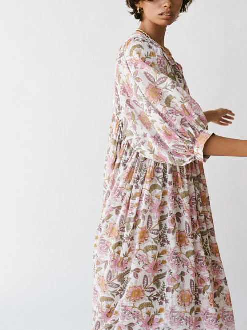 Women's Chic Floral Lantern Sleeve Flowy Maxi Dress
