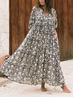 Women's Chic Floral Lantern Sleeve Flowy Maxi Dress