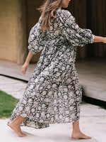 Women's Chic Floral Lantern Sleeve Flowy Maxi Dress