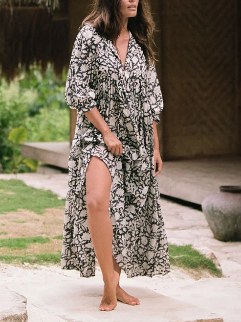Women's Chic Floral Lantern Sleeve Flowy Maxi Dress