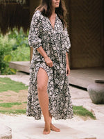 Women's Chic Floral Lantern Sleeve Flowy Maxi Dress