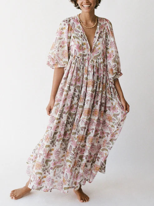 Women's Chic Floral Lantern Sleeve Flowy Maxi Dress