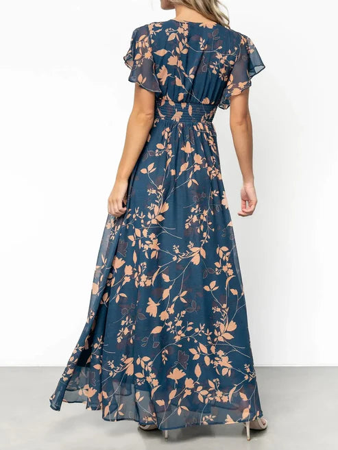 Women's Casual Flowy V-Neck Print Dress with Elastic Waist