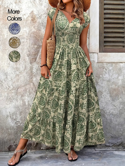 Women's Boho Chic Printed V-Neck Flowy Maxi Dress