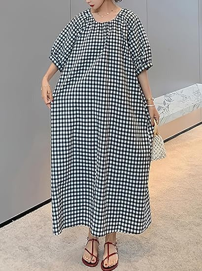 Women's Casual Loose Gingham Puff Sleeve Maxi Dress