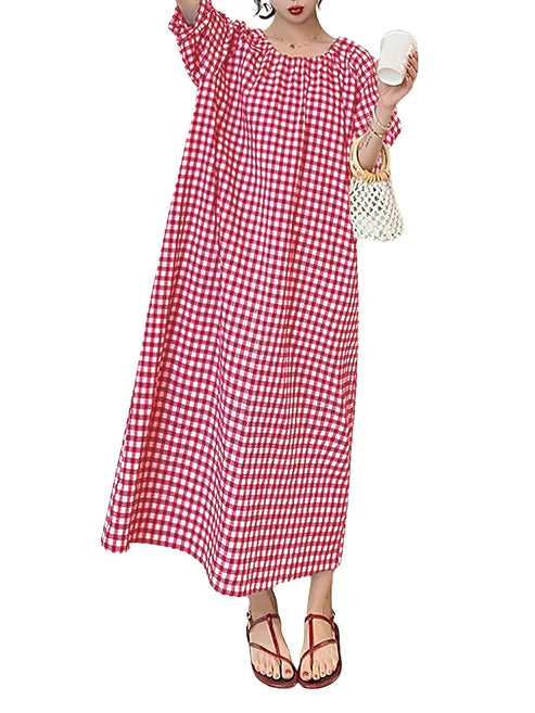 Women's Casual Loose Gingham Puff Sleeve Maxi Dress