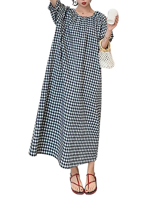 Women's Casual Loose Gingham Puff Sleeve Maxi Dress