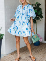Women's Striped Printed Floral Puff Sleeve Casual Dress