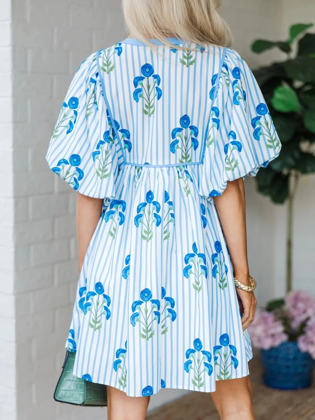 Women's Striped Printed Floral Puff Sleeve Casual Dress