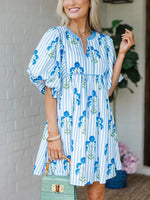 Women's Striped Printed Floral Puff Sleeve Casual Dress