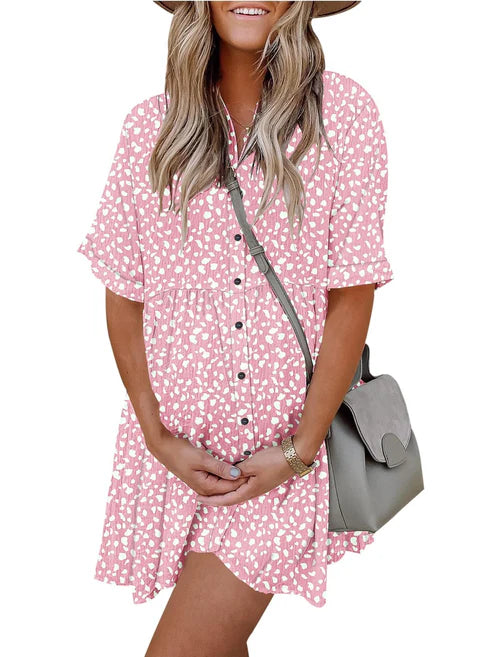 Women's Casual Boho Print Button Front Babydoll Dress