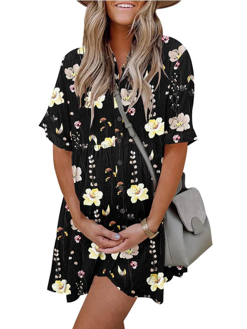 Women's Casual Boho Print Button Front Babydoll Dress